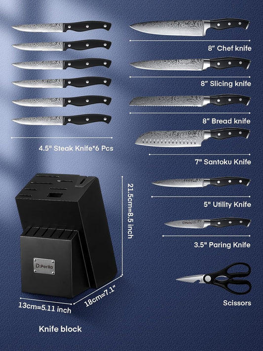 Knife Set, 15 Pieces Kitchen Knife Set with Built-in Sharpener, High Carbon Stainless Steel Knife Block Set with Unique Waved Pattern, Triple Riveted Ergonomic Handle, Black