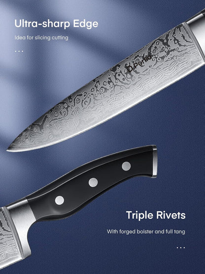 Knife Set, 15 Pieces Kitchen Knife Set with Built-in Sharpener, High Carbon Stainless Steel Knife Block Set with Unique Waved Pattern, Triple Riveted Ergonomic Handle, Black