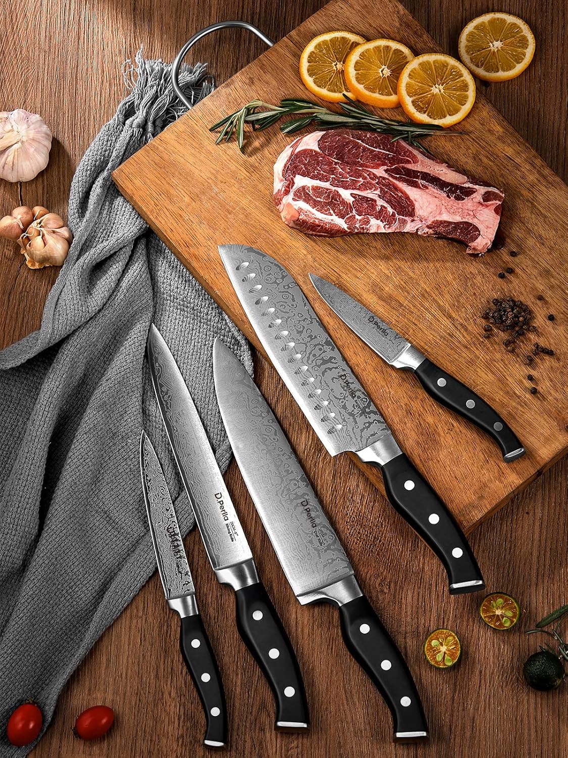 Knife Set, 15 Pieces Kitchen Knife Set with Built-in Sharpener, High Carbon Stainless Steel Knife Block Set with Unique Waved Pattern, Triple Riveted Ergonomic Handle, Black