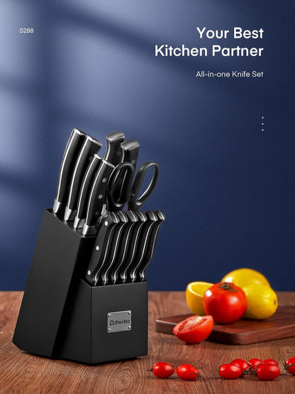 Knife Set, 15 Pieces Kitchen Knife Set with Built-in Sharpener, High Carbon Stainless Steel Knife Block Set with Unique Waved Pattern, Triple Riveted Ergonomic Handle, Black