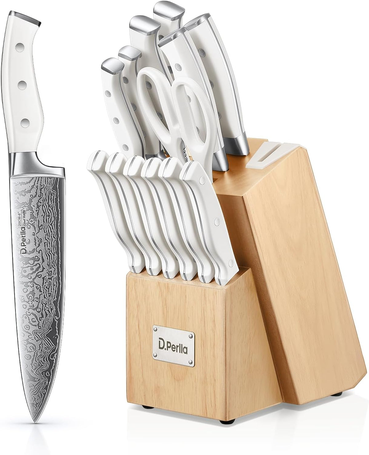 Knife Set, 15 Pieces Kitchen Knife Set with Built-in Sharpener, High Carbon Stainless Steel Knife Block Set with Unique Waved Pattern, Triple Riveted Ergonomic Handle, Black