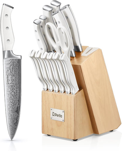 Knife Set, 15 Pieces Kitchen Knife Set with Built-in Sharpener, High Carbon Stainless Steel Knife Block Set with Unique Waved Pattern, Triple Riveted Ergonomic Handle, Black