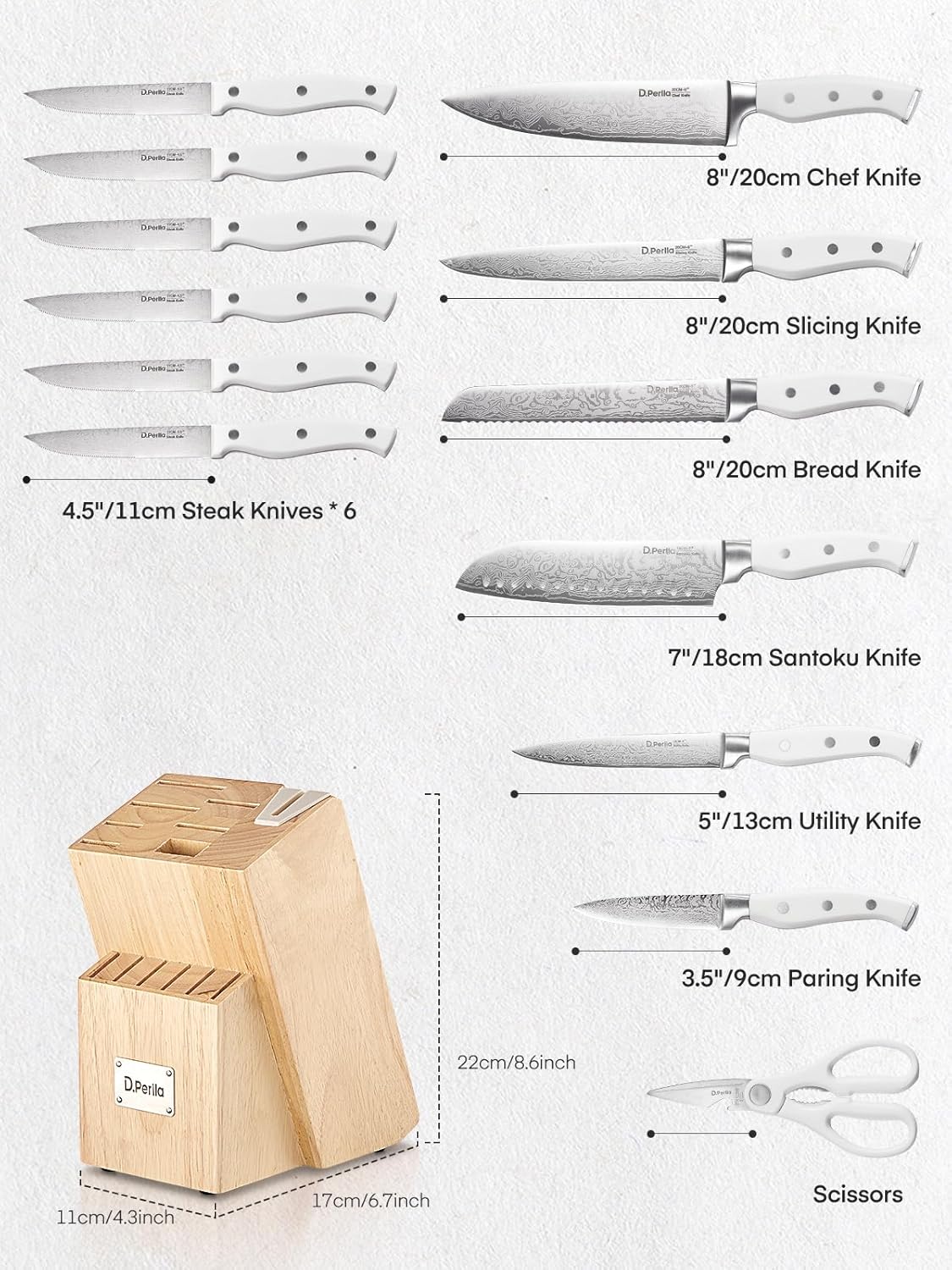 Knife Set, 15 Pieces Kitchen Knife Set with Built-in Sharpener, High Carbon Stainless Steel Knife Block Set with Unique Waved Pattern, Triple Riveted Ergonomic Handle, Black