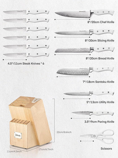 Knife Set, 15 Pieces Kitchen Knife Set with Built-in Sharpener, High Carbon Stainless Steel Knife Block Set with Unique Waved Pattern, Triple Riveted Ergonomic Handle, Black