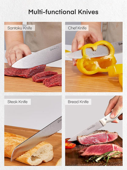 Knife Set, 15 Pieces Kitchen Knife Set with Built-in Sharpener, High Carbon Stainless Steel Knife Block Set with Unique Waved Pattern, Triple Riveted Ergonomic Handle, Black
