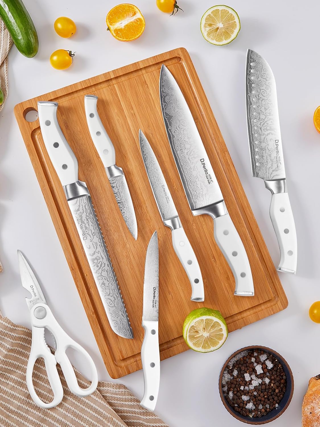 Knife Set, 15 Pieces Kitchen Knife Set with Built-in Sharpener, High Carbon Stainless Steel Knife Block Set with Unique Waved Pattern, Triple Riveted Ergonomic Handle, Black