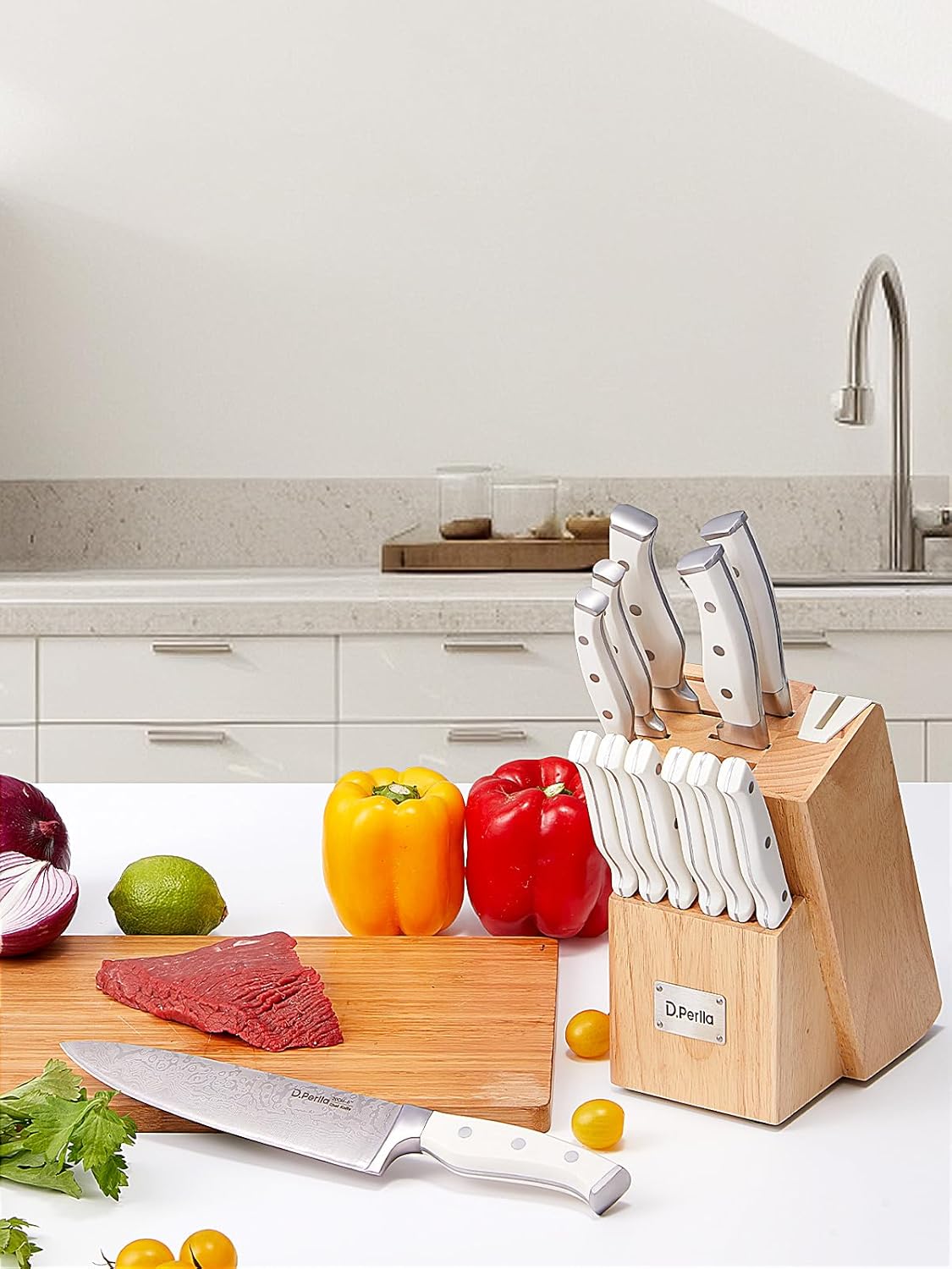Knife Set, 15 Pieces Kitchen Knife Set with Built-in Sharpener, High Carbon Stainless Steel Knife Block Set with Unique Waved Pattern, Triple Riveted Ergonomic Handle, Black