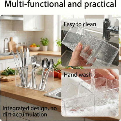 3 Section Acrylic Cutlery Organizer for Countertop, Modern Flatware Storage Caddy for Spoons Forks Knives, Space Saving Utensil Holder for Kitchen, Cabinet or Dining Room (Medium)