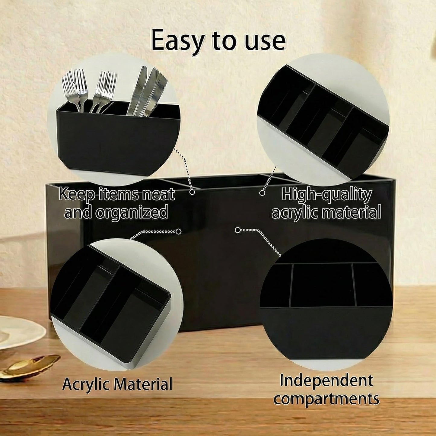 3 Section Acrylic Cutlery Organizer for Countertop, Modern Flatware Storage Caddy for Spoons Forks Knives, Space Saving Utensil Holder for Kitchen, Cabinet or Dining Room (Medium)