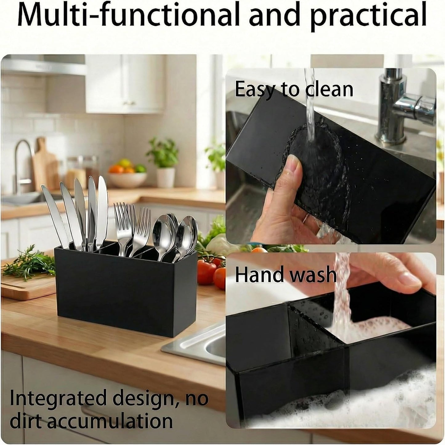 3 Section Acrylic Cutlery Organizer for Countertop, Modern Flatware Storage Caddy for Spoons Forks Knives, Space Saving Utensil Holder for Kitchen, Cabinet or Dining Room (Medium)