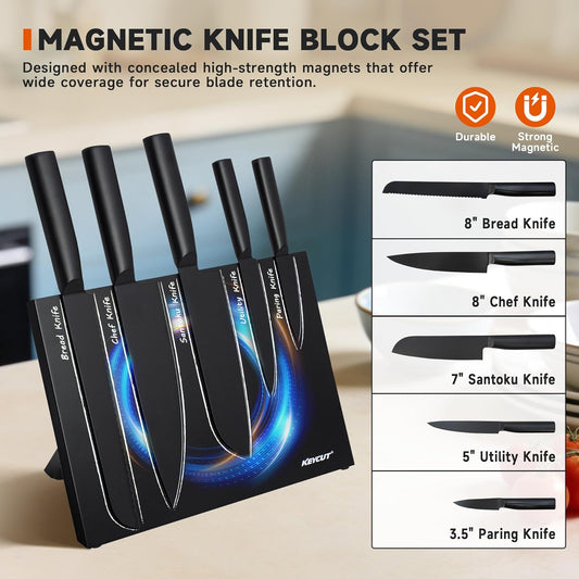 6 Pieces Knife Set with Foldable Magnetic Knife Block, Japanese Knife Sets, High-Grade 5CR Stainless Steel Chef Knives Sets with Wood Block, Professional Chef's Knife Set