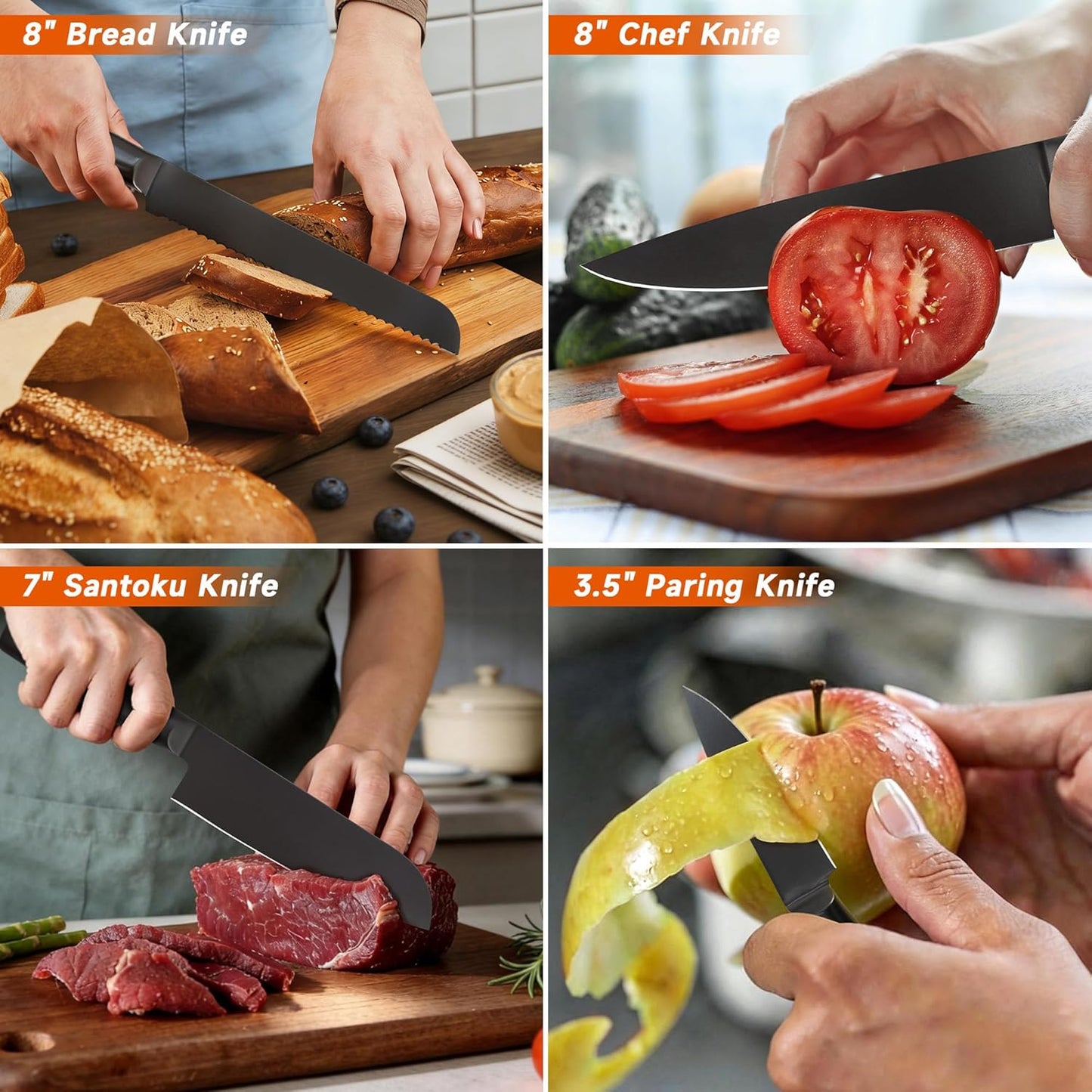 6 Pieces Knife Set with Foldable Magnetic Knife Block, Japanese Knife Sets, High-Grade 5CR Stainless Steel Chef Knives Sets with Wood Block, Professional Chef's Knife Set