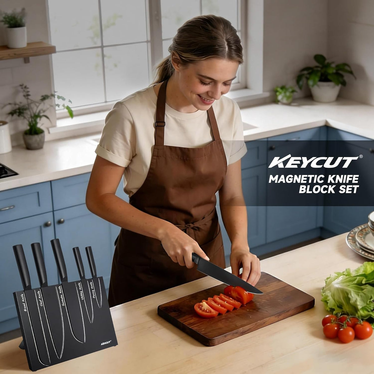 6 Pieces Knife Set with Foldable Magnetic Knife Block, Japanese Knife Sets, High-Grade 5CR Stainless Steel Chef Knives Sets with Wood Block, Professional Chef's Knife Set