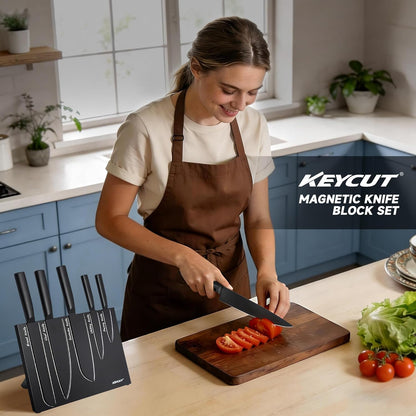 6 Pieces Knife Set with Foldable Magnetic Knife Block, Japanese Knife Sets, High-Grade 5CR Stainless Steel Chef Knives Sets with Wood Block, Professional Chef's Knife Set