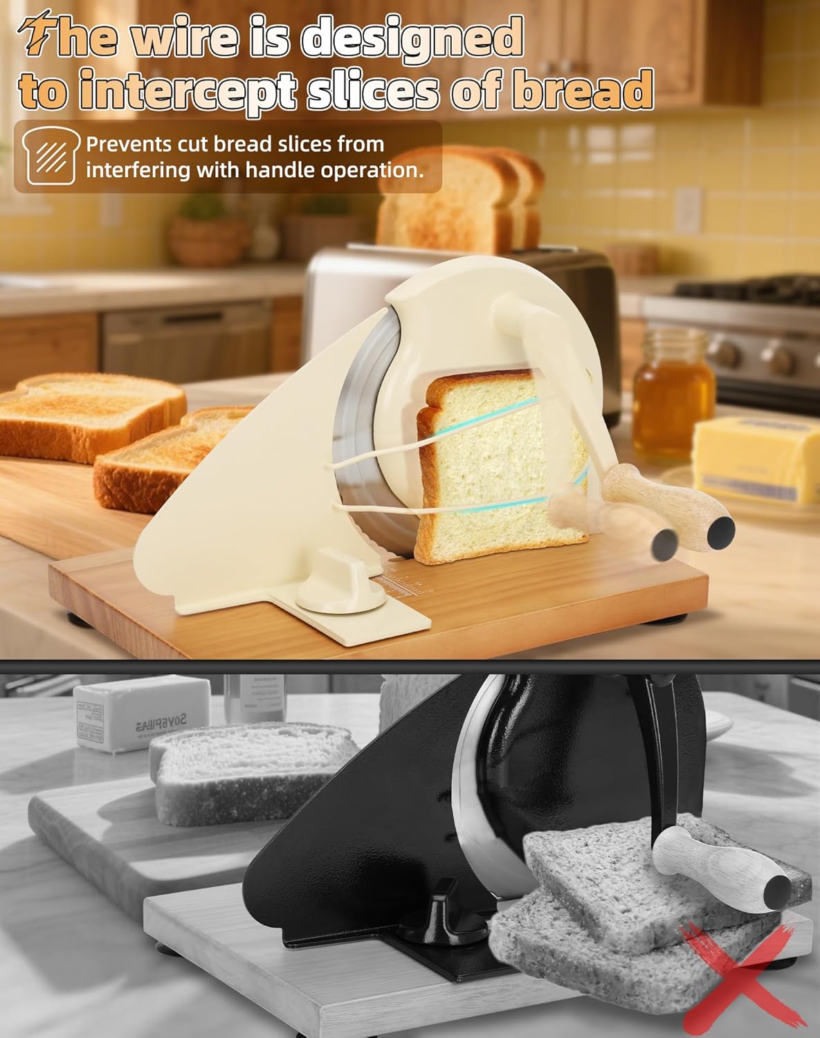 Manual Bread Slicer for Homemade Sourdough Bread | Versatile Hand Crank Bread Slicer, Adjustable Thickness for Smooth Cutting, Food Grade Stainless Steel (Black)