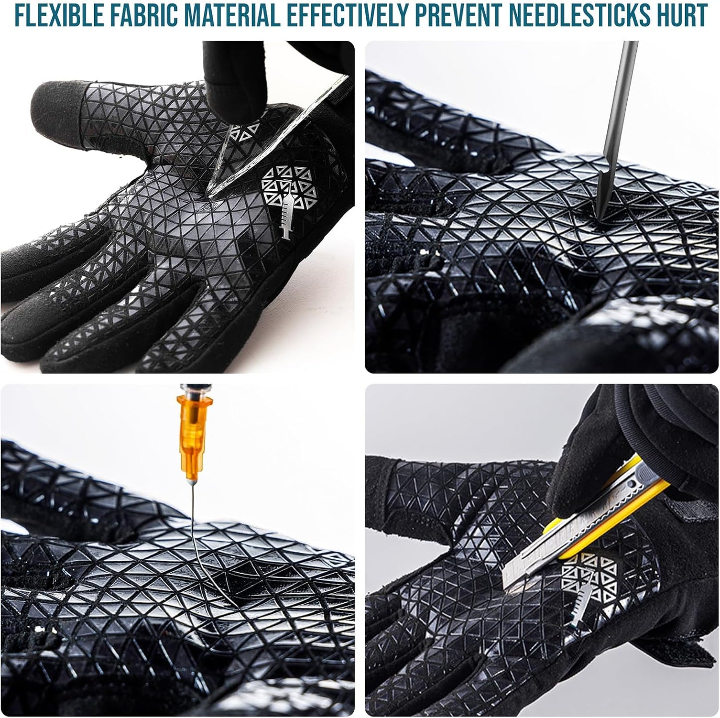 Level 3 Needle, Level 5 Puncture Resistant Men Work Gloves, Grip Enhanced A7 Cut Resistant Safety Gloves, Touchscreen and Breathable, Black, Large (L), 1 Pair