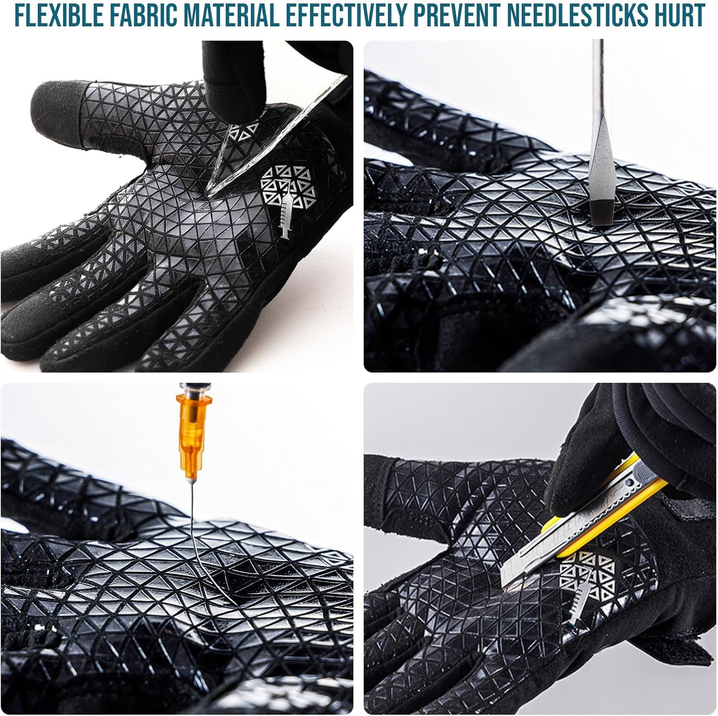 Level 3 Needle, Level 5 Puncture Resistant Men Work Gloves, Grip Enhanced A7 Cut Resistant Safety Gloves, Touchscreen and Breathable, Black, Large (L), 1 Pair