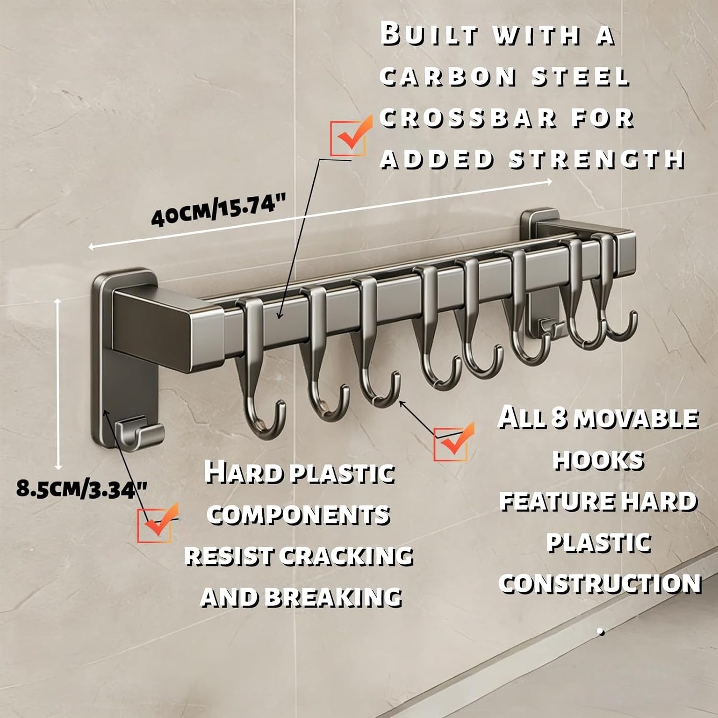 Wall Mount Kitchen Utensil Rail with Hooks, Adhesive No Drill Kitchen Pot Pan Rack, No Screws Self Adhesive Utensil Hanger for Tile Wall, Magnetic Knife Holder Kitchen Storage Organizer
