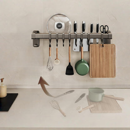 Wall Mount Kitchen Utensil Rail with Hooks, Adhesive No Drill Kitchen Pot Pan Rack, No Screws Self Adhesive Utensil Hanger for Tile Wall, Magnetic Knife Holder Kitchen Storage Organizer