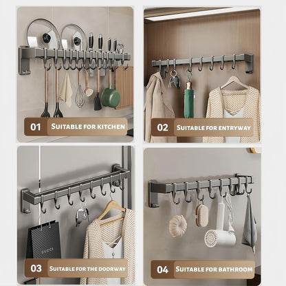 Wall Mount Kitchen Utensil Rail with Hooks, Adhesive No Drill Kitchen Pot Pan Rack, No Screws Self Adhesive Utensil Hanger for Tile Wall, Magnetic Knife Holder Kitchen Storage Organizer