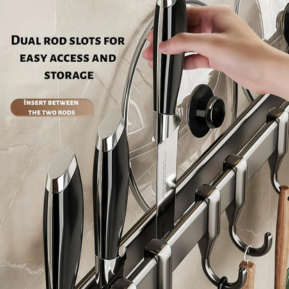 Wall Mount Kitchen Utensil Rail with Hooks, Adhesive No Drill Kitchen Pot Pan Rack, No Screws Self Adhesive Utensil Hanger for Tile Wall, Magnetic Knife Holder Kitchen Storage Organizer