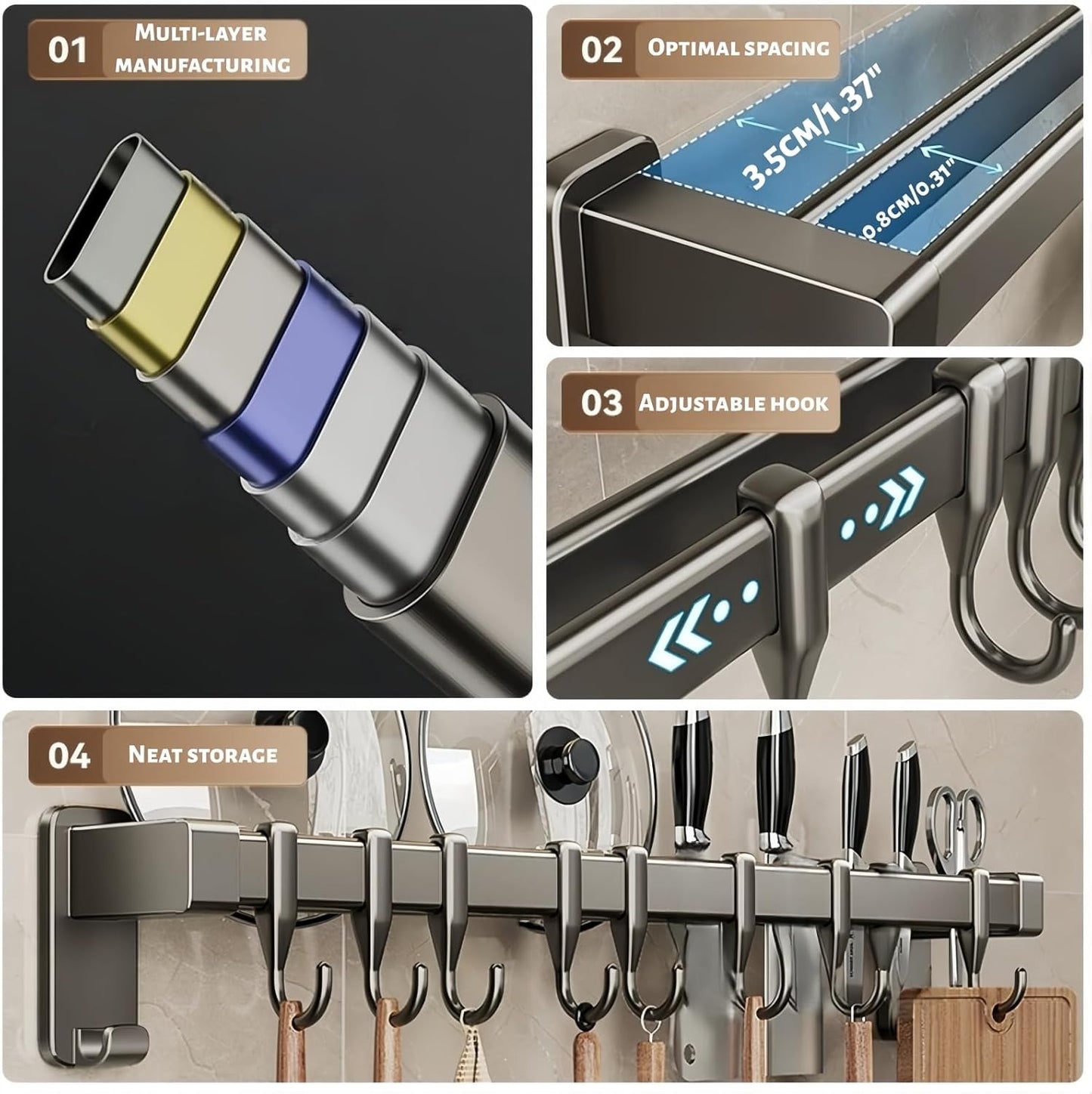 Wall Mount Kitchen Utensil Rail with Hooks, Adhesive No Drill Kitchen Pot Pan Rack, No Screws Self Adhesive Utensil Hanger for Tile Wall, Magnetic Knife Holder Kitchen Storage Organizer