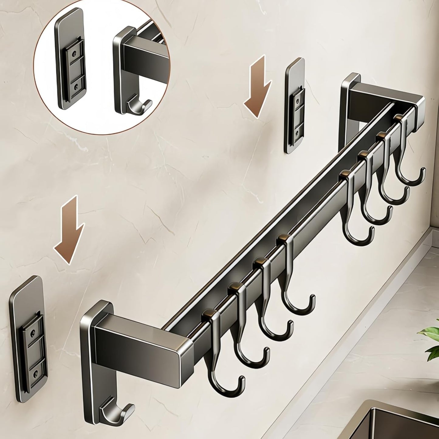 Wall Mount Kitchen Utensil Rail with Hooks, Adhesive No Drill Kitchen Pot Pan Rack, No Screws Self Adhesive Utensil Hanger for Tile Wall, Magnetic Knife Holder Kitchen Storage Organizer