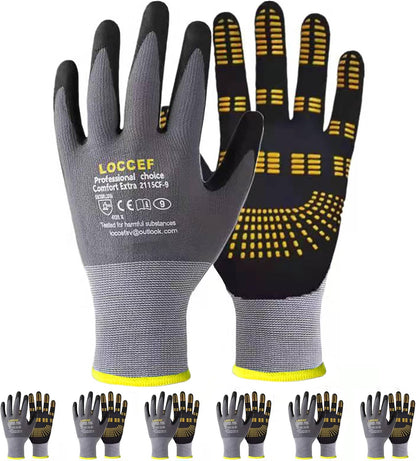 6 Pairs MicroFoam Nitrile Work Gloves, Yellow Grip Dots | Seamless nylon knit, non-slip grip, touchscreen compatible, for landscaping, warehouse handling, carpentry, DIY home projects