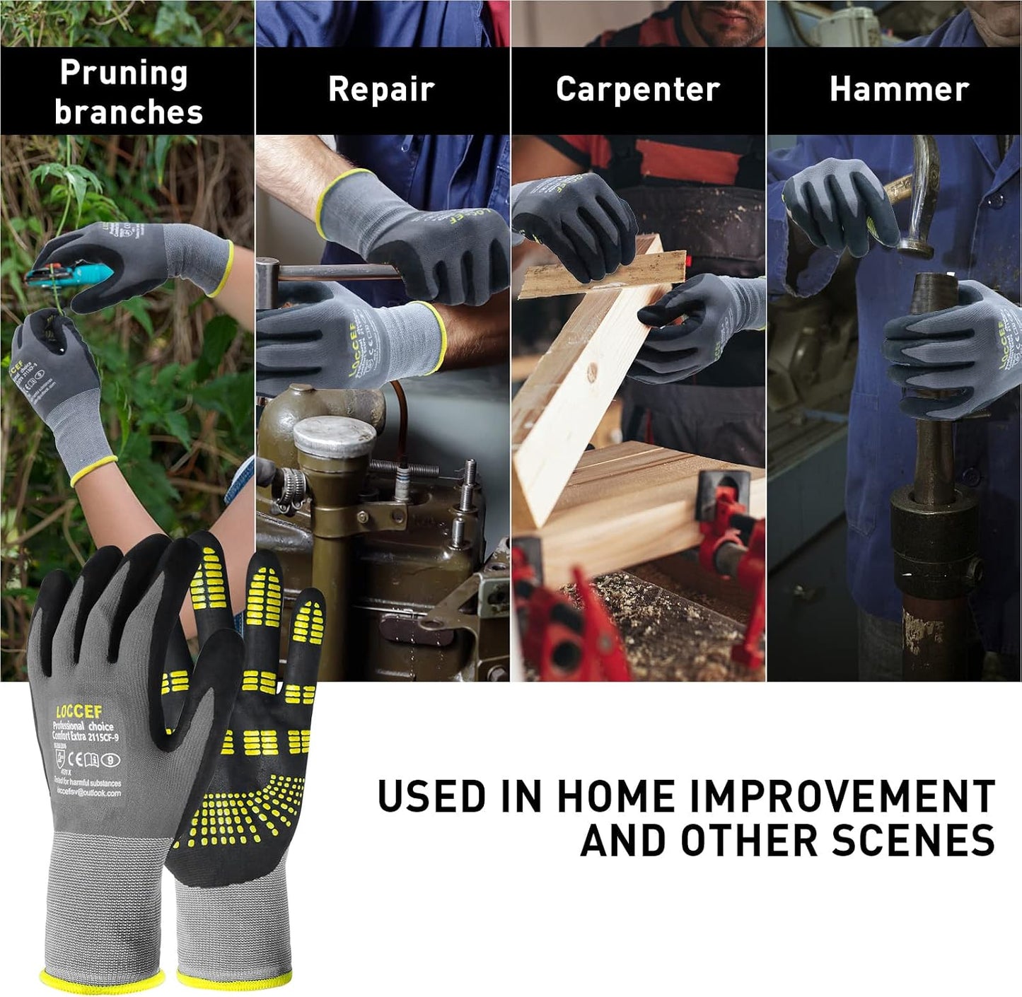 6 Pairs MicroFoam Nitrile Work Gloves, Yellow Grip Dots | Seamless nylon knit, non-slip grip, touchscreen compatible, for landscaping, warehouse handling, carpentry, DIY home projects