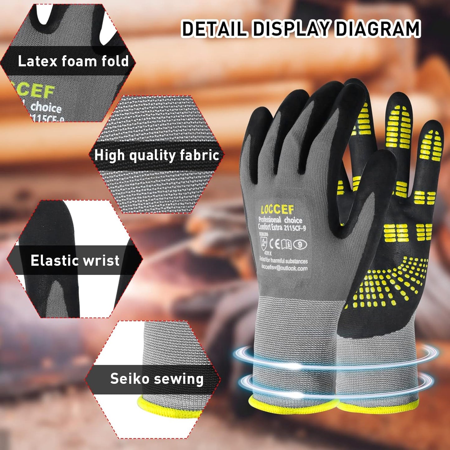 6 Pairs MicroFoam Nitrile Work Gloves, Yellow Grip Dots | Seamless nylon knit, non-slip grip, touchscreen compatible, for landscaping, warehouse handling, carpentry, DIY home projects