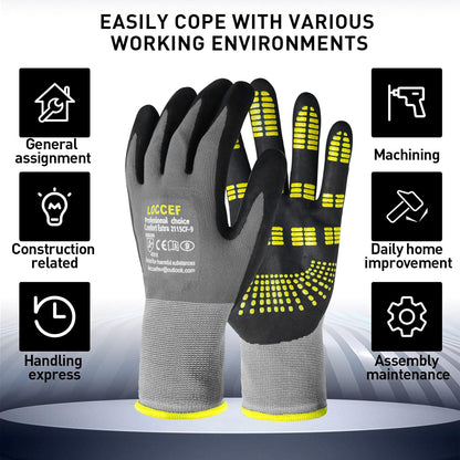 6 Pairs MicroFoam Nitrile Work Gloves, Yellow Grip Dots | Seamless nylon knit, non-slip grip, touchscreen compatible, for landscaping, warehouse handling, carpentry, DIY home projects