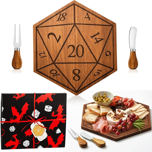 D20 Shaped Charcuterie Board Set Cutting and Cheese Board Wooden Platter with Knives and Forks Serving Trays Gift for Christmas Kitchen Food Fruit(Acacia)