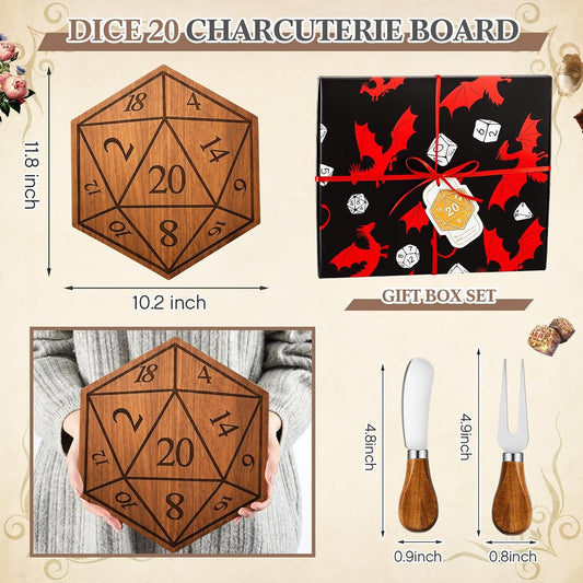 D20 Shaped Charcuterie Board Set Cutting and Cheese Board Wooden Platter with Knives and Forks Serving Trays Gift for Christmas Kitchen Food Fruit(Acacia)