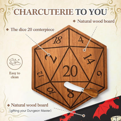 D20 Shaped Charcuterie Board Set Cutting and Cheese Board Wooden Platter with Knives and Forks Serving Trays Gift for Christmas Kitchen Food Fruit(Acacia)