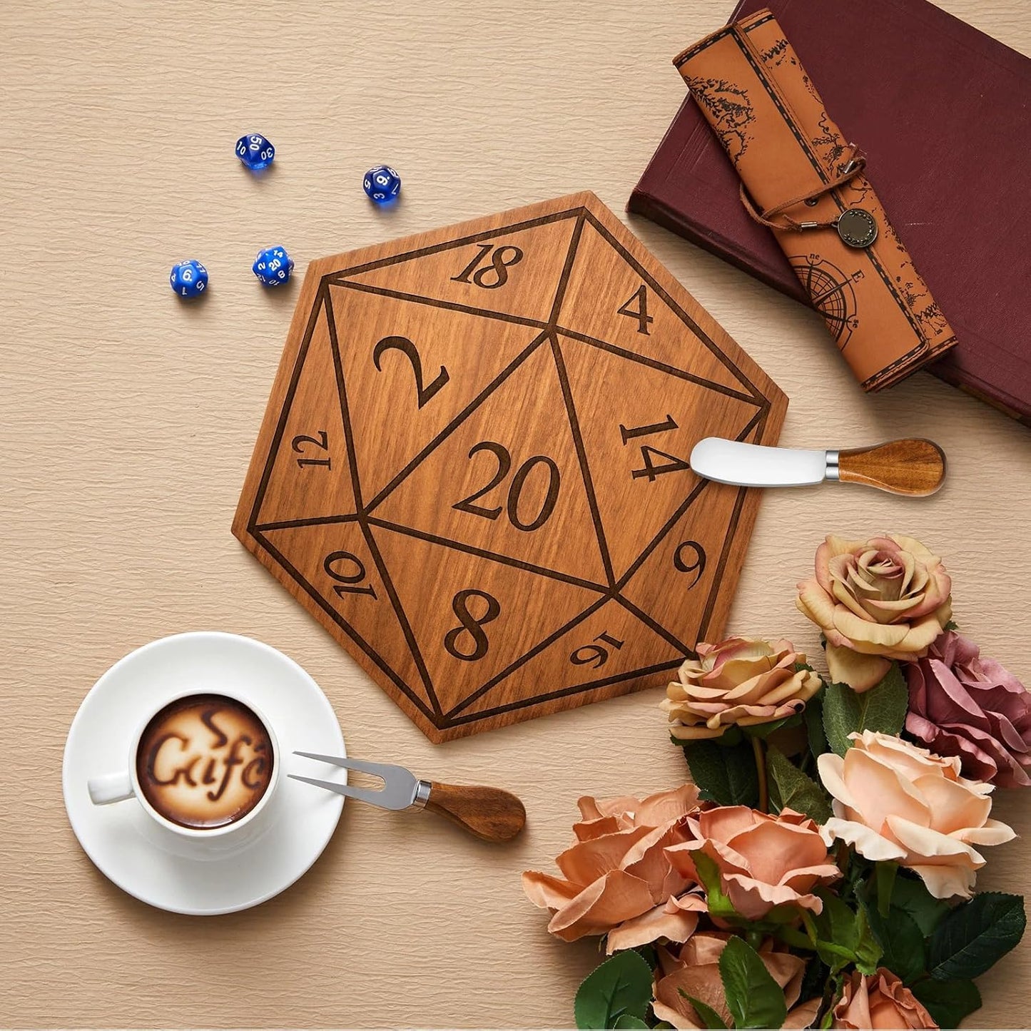 D20 Shaped Charcuterie Board Set Cutting and Cheese Board Wooden Platter with Knives and Forks Serving Trays Gift for Christmas Kitchen Food Fruit(Acacia)
