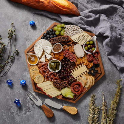 D20 Shaped Charcuterie Board Set Cutting and Cheese Board Wooden Platter with Knives and Forks Serving Trays Gift for Christmas Kitchen Food Fruit(Acacia)