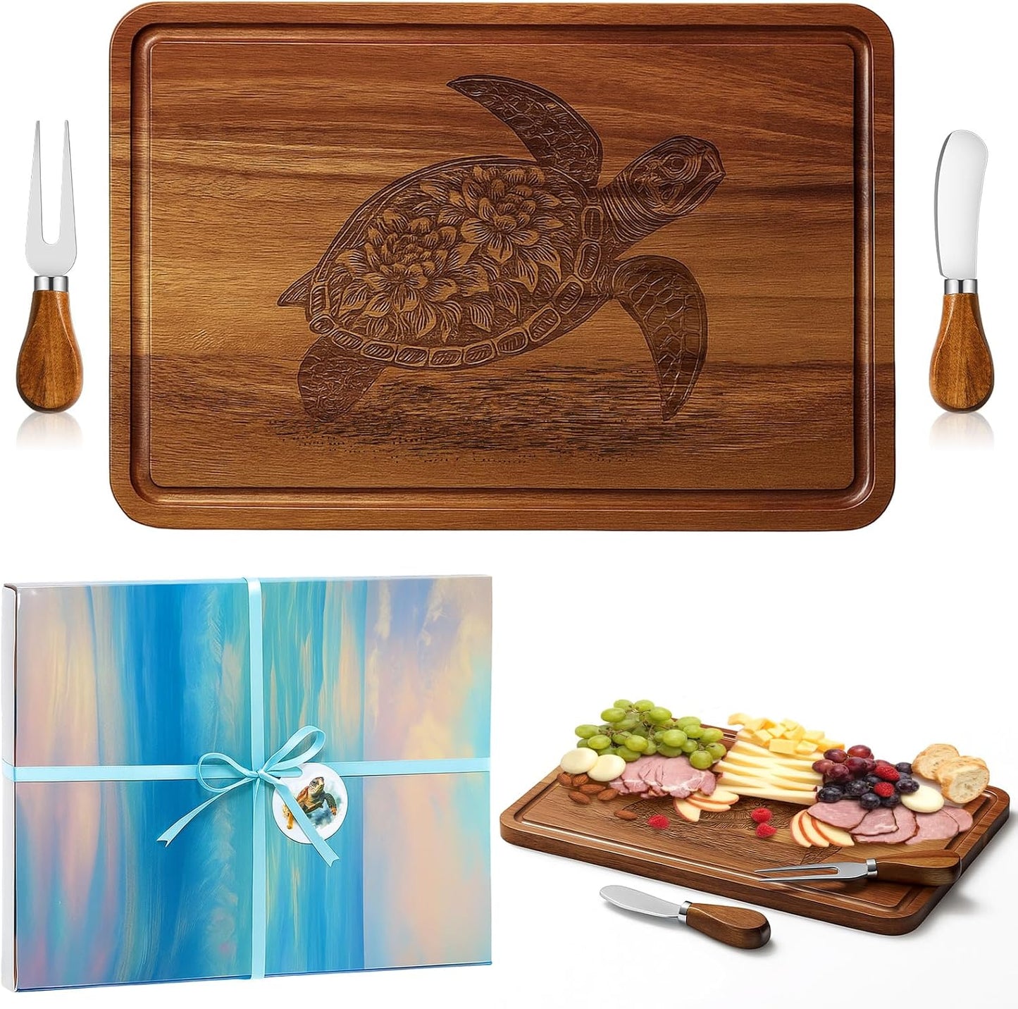D20 Shaped Charcuterie Board Set Cutting and Cheese Board Wooden Platter with Knives and Forks Serving Trays Gift for Christmas Kitchen Food Fruit(Acacia)
