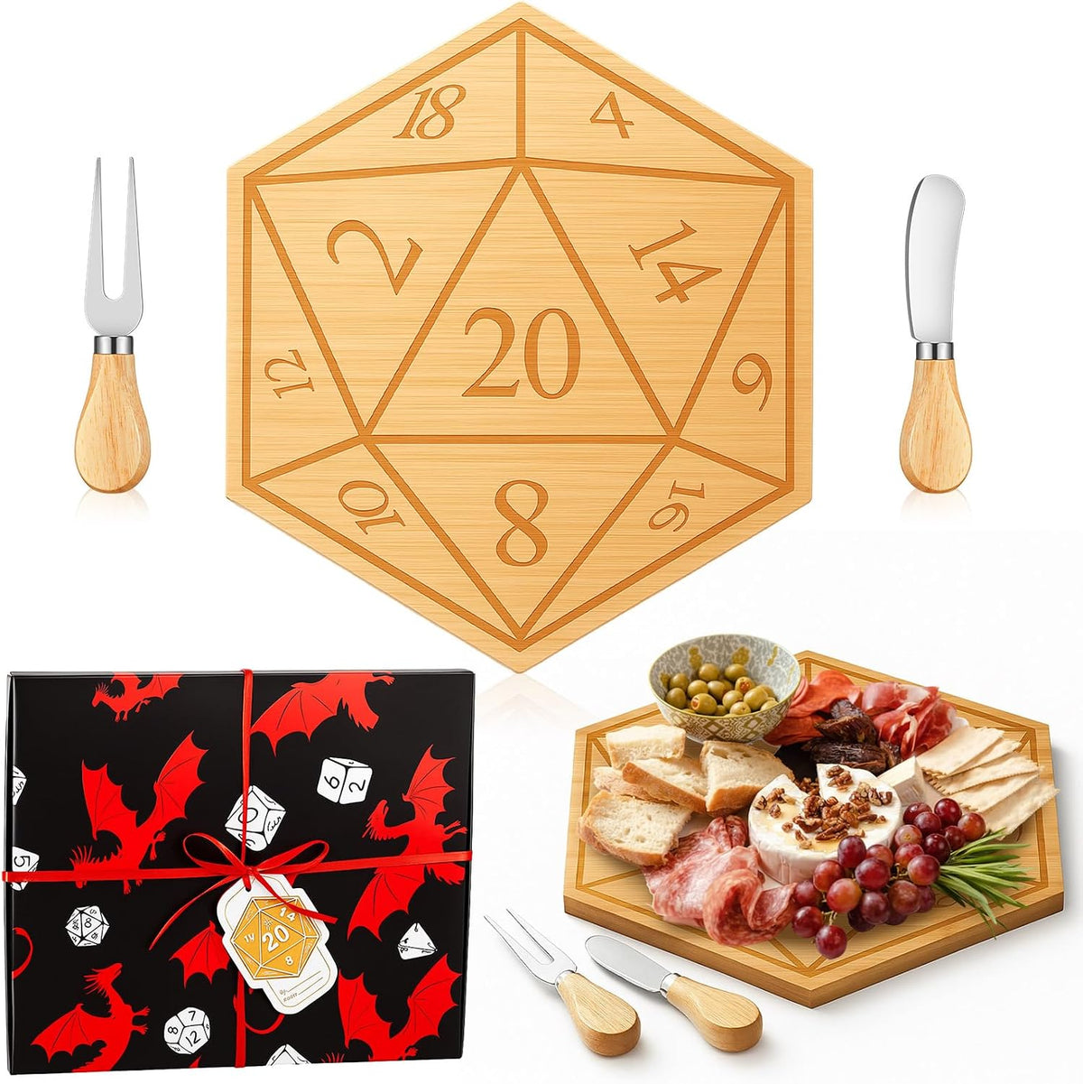 D20 Shaped Charcuterie Board Set Cutting and Cheese Board Wooden Platter with Knives and Forks Serving Trays Gift for Christmas Kitchen Food Fruit(Acacia)