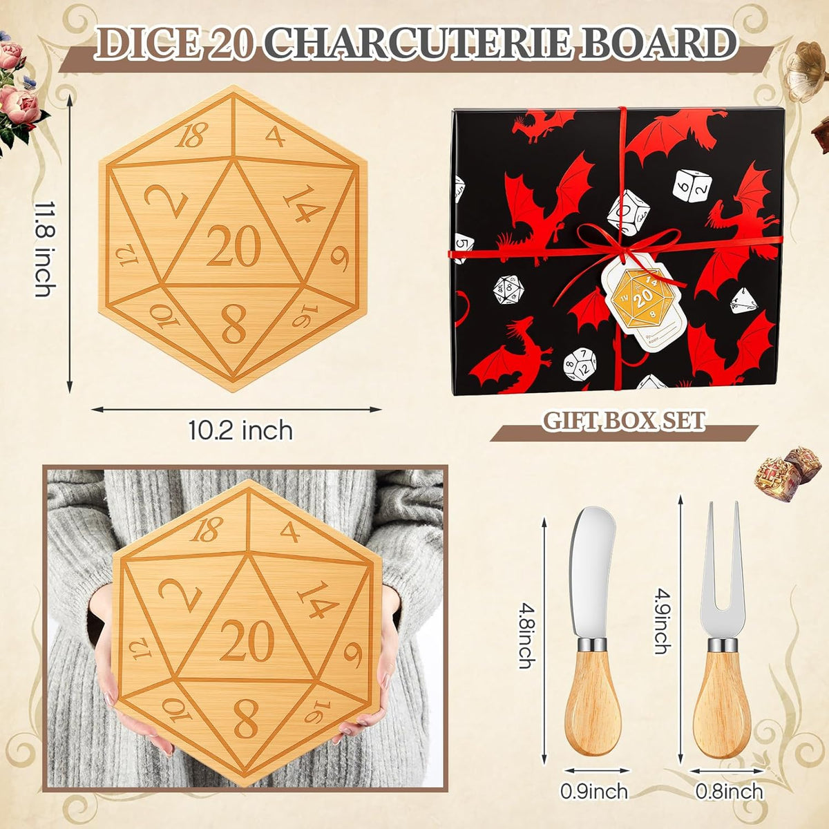 D20 Shaped Charcuterie Board Set Cutting and Cheese Board Wooden Platter with Knives and Forks Serving Trays Gift for Christmas Kitchen Food Fruit(Acacia)
