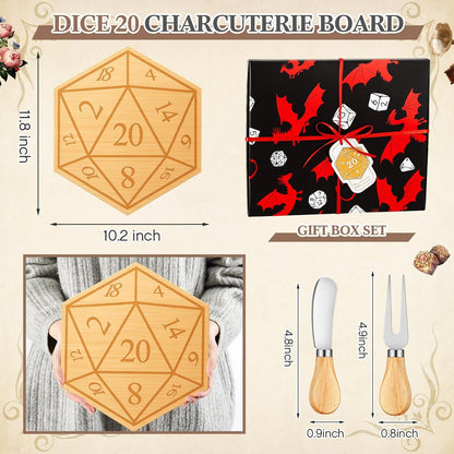 D20 Shaped Charcuterie Board Set Cutting and Cheese Board Wooden Platter with Knives and Forks Serving Trays Gift for Christmas Kitchen Food Fruit(Acacia)
