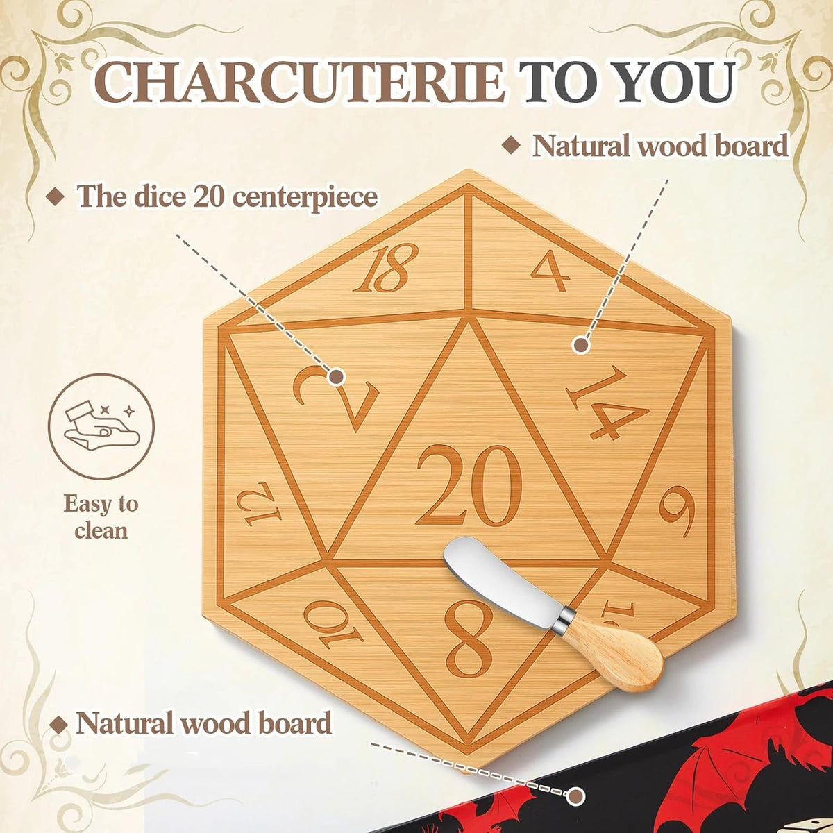 D20 Shaped Charcuterie Board Set Cutting and Cheese Board Wooden Platter with Knives and Forks Serving Trays Gift for Christmas Kitchen Food Fruit(Acacia)