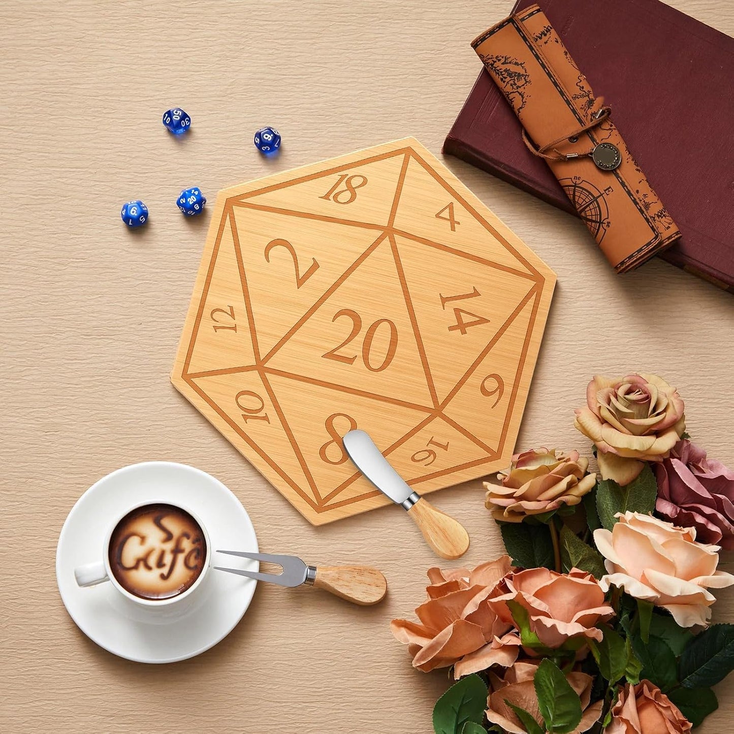 D20 Shaped Charcuterie Board Set Cutting and Cheese Board Wooden Platter with Knives and Forks Serving Trays Gift for Christmas Kitchen Food Fruit(Acacia)