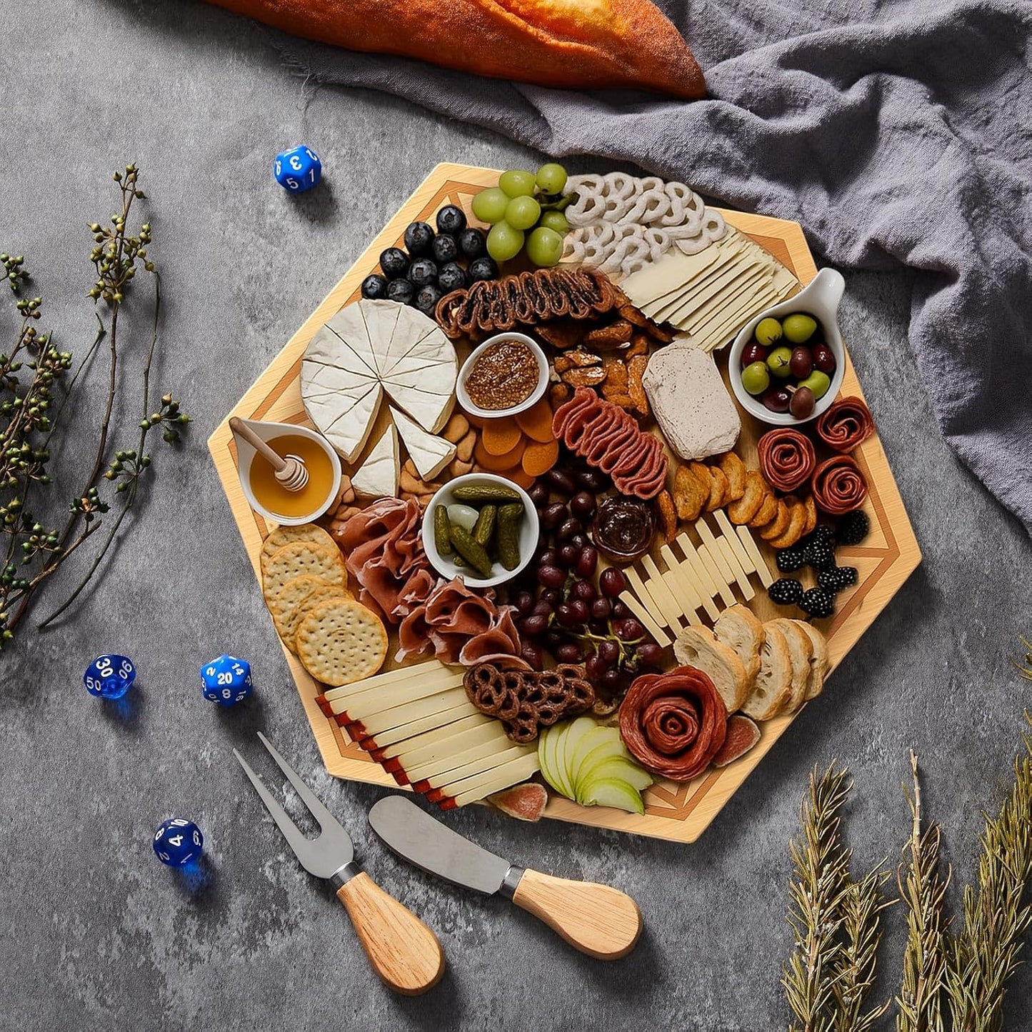 D20 Shaped Charcuterie Board Set Cutting and Cheese Board Wooden Platter with Knives and Forks Serving Trays Gift for Christmas Kitchen Food Fruit(Acacia)