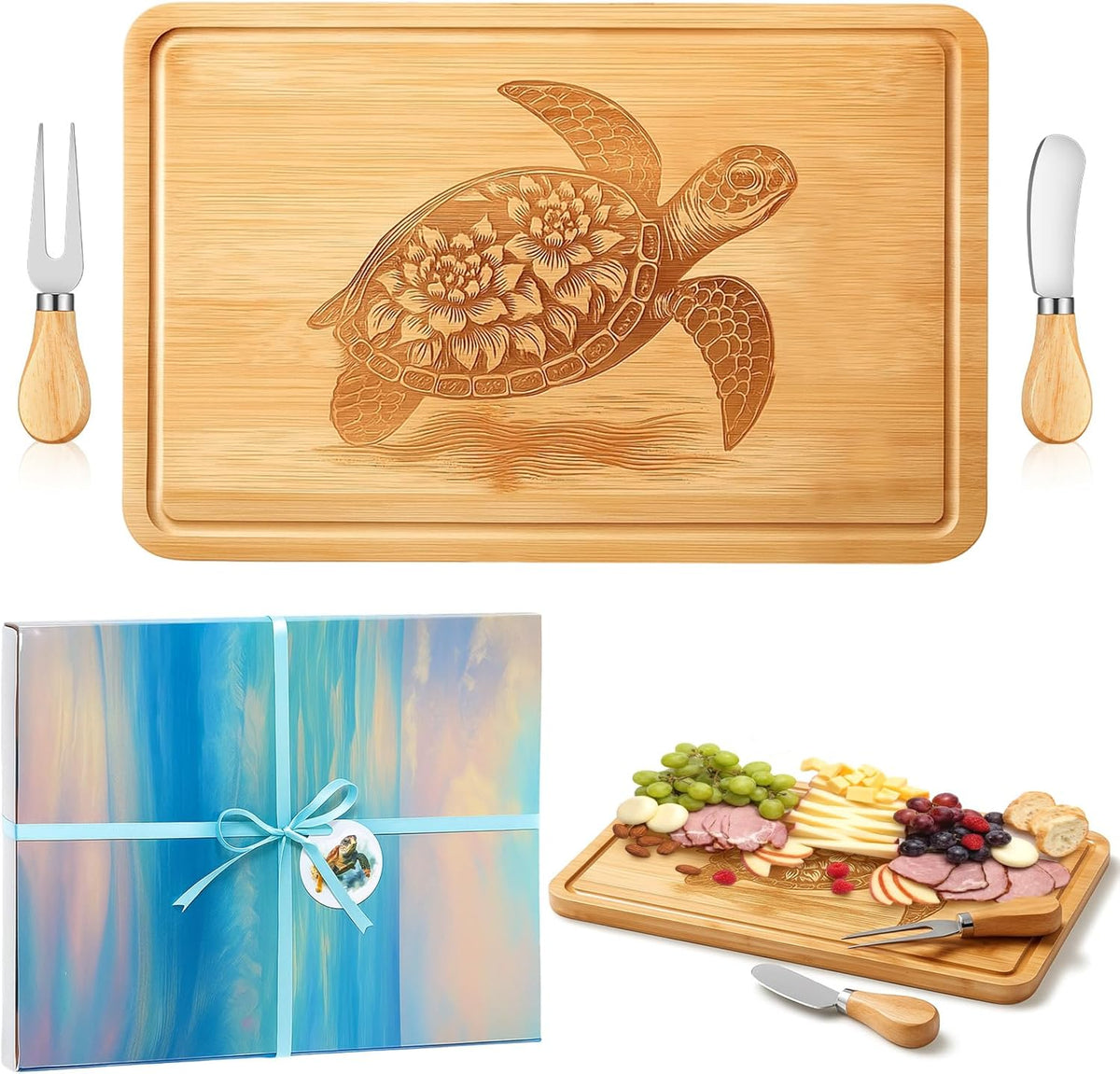 D20 Shaped Charcuterie Board Set Cutting and Cheese Board Wooden Platter with Knives and Forks Serving Trays Gift for Christmas Kitchen Food Fruit(Acacia)