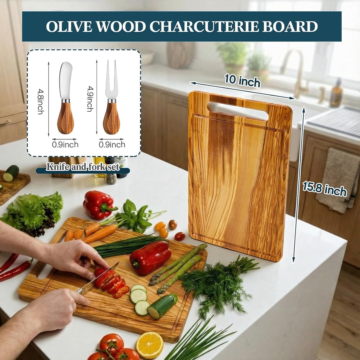 D20 Shaped Charcuterie Board Set Cutting and Cheese Board Wooden Platter with Knives and Forks Serving Trays Gift for Christmas Kitchen Food Fruit(Acacia)