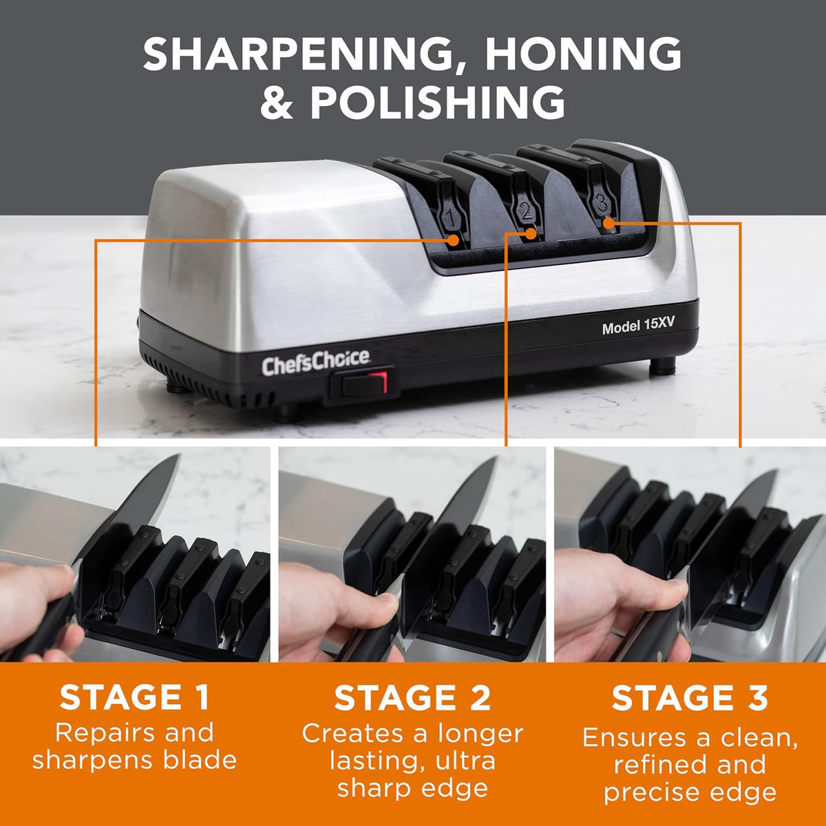 15XV EdgeSelect Professional Electric Knife Sharpener with 100-Percent Diamond Abrasives and Precision Angle Guides for Straight Edge and Serrated Knives, 3-Stage, Gray