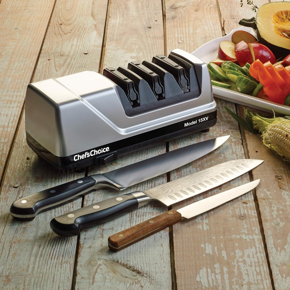 15XV EdgeSelect Professional Electric Knife Sharpener with 100-Percent Diamond Abrasives and Precision Angle Guides for Straight Edge and Serrated Knives, 3-Stage, Gray