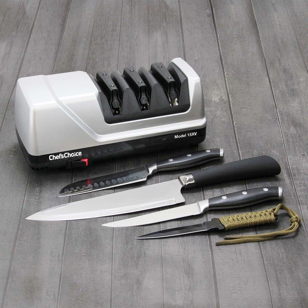 15XV EdgeSelect Professional Electric Knife Sharpener with 100-Percent Diamond Abrasives and Precision Angle Guides for Straight Edge and Serrated Knives, 3-Stage, Gray