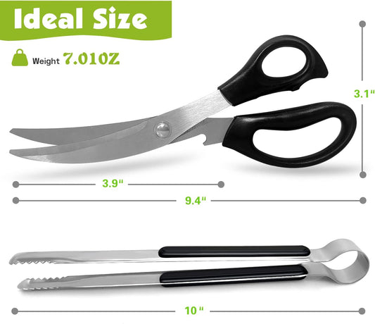 Kitchen Scissors, Korean Barbecue Sheras and Tongs Set,Kitchen Scissors for Meat Cutting, Chicken, Vegetables,Stainless Steel Non-slip Serrated Sharp BBQ Multipurpose Kitchen Sheras Tongs