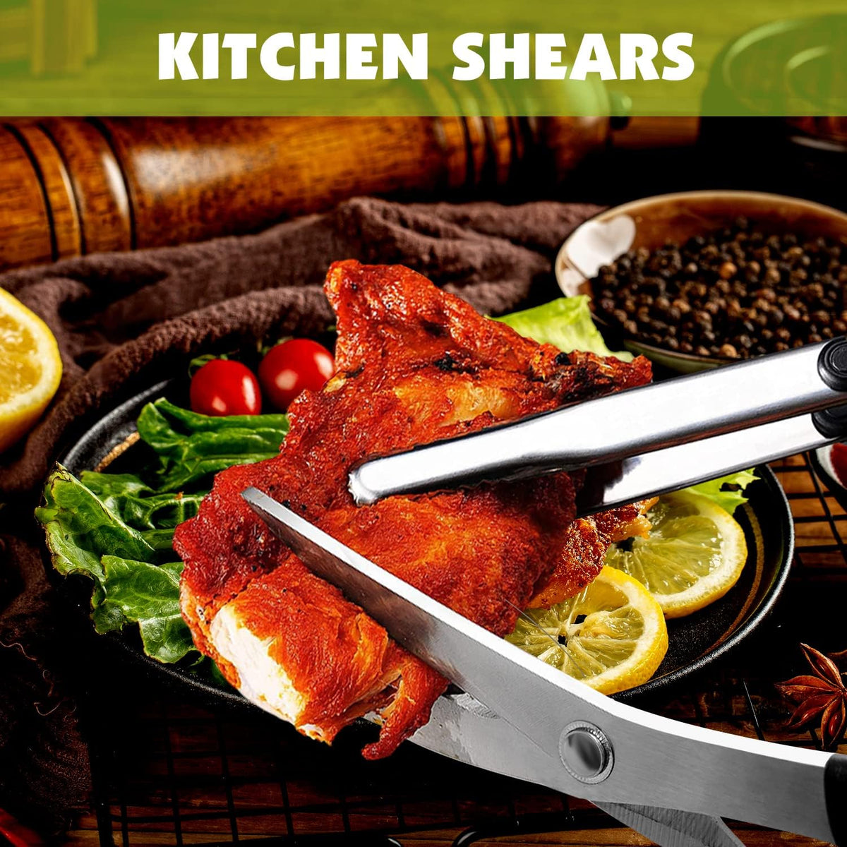 Kitchen Scissors, Korean Barbecue Sheras and Tongs Set,Kitchen Scissors for Meat Cutting, Chicken, Vegetables,Stainless Steel Non-slip Serrated Sharp BBQ Multipurpose Kitchen Sheras Tongs